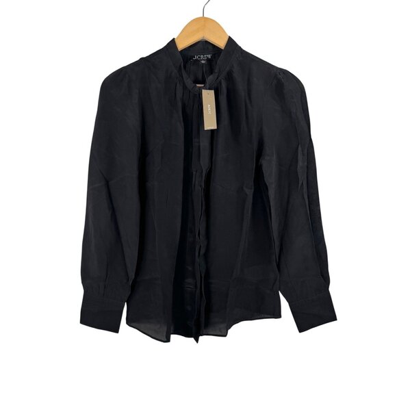 J.crew Tie-neck top‎ in crepe de chine black preppy flowy sz 0 - Picture 1 of 8